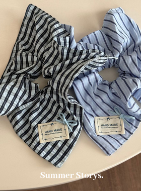 韩系蓝色条纹方巾四角发圈可爱蝴蝶结布标发饰扎低马尾学院风发绳