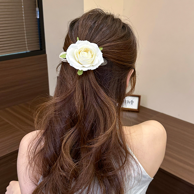 名狐新款仿真玫瑰花一字夹鸭嘴夹少女高级感春季花朵抓夹头花发饰