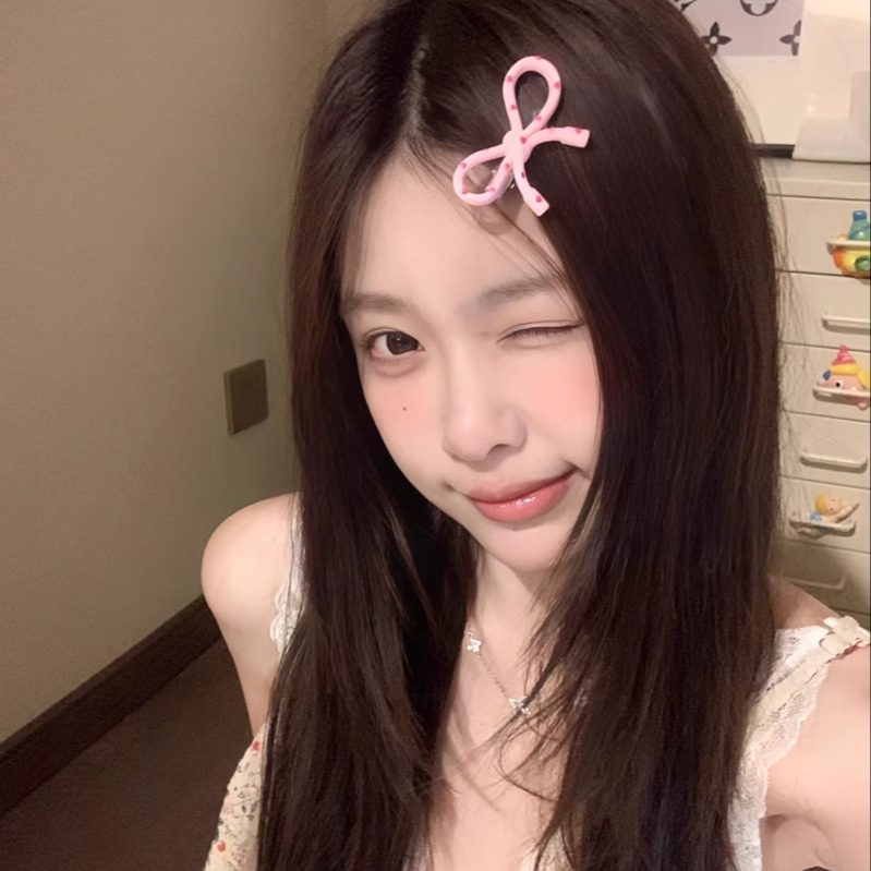韩系简约波点粉色蝴蝶结鸭嘴夹ins秋冬简约百搭刘海边夹小众头饰