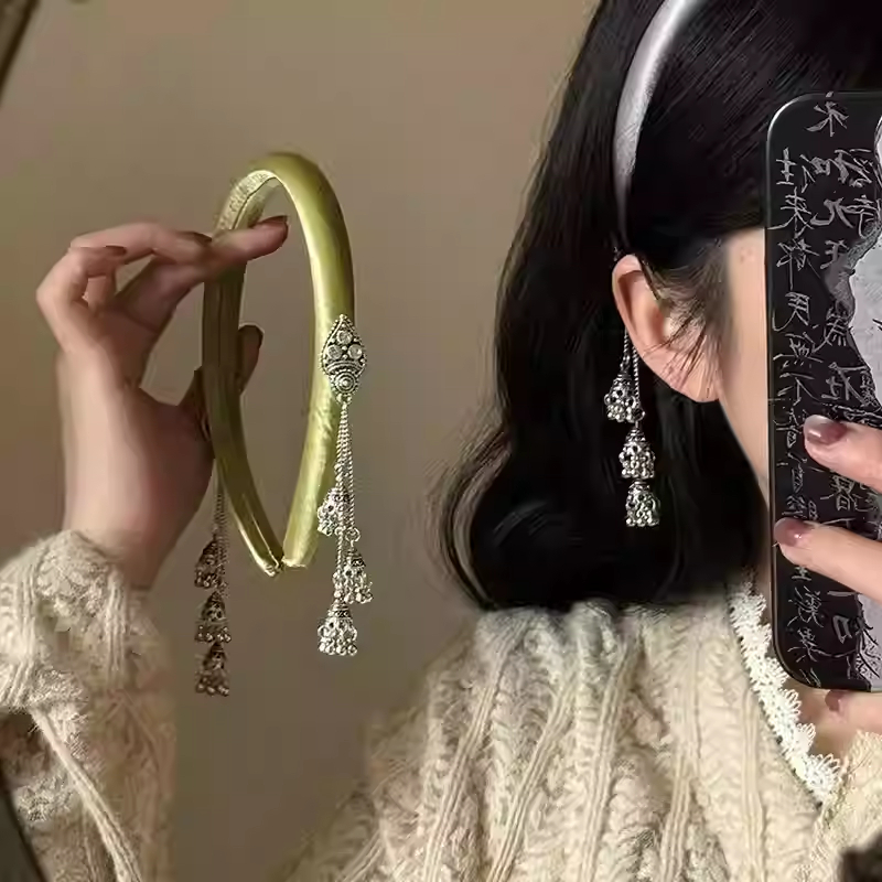 春夏复古绿新中式流苏丝绒发箍