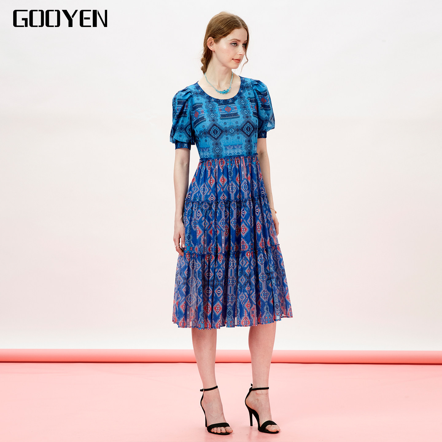 Gooyen古源 专柜正品[冰雪奇缘]夏季圆领短袖印花连衣裙