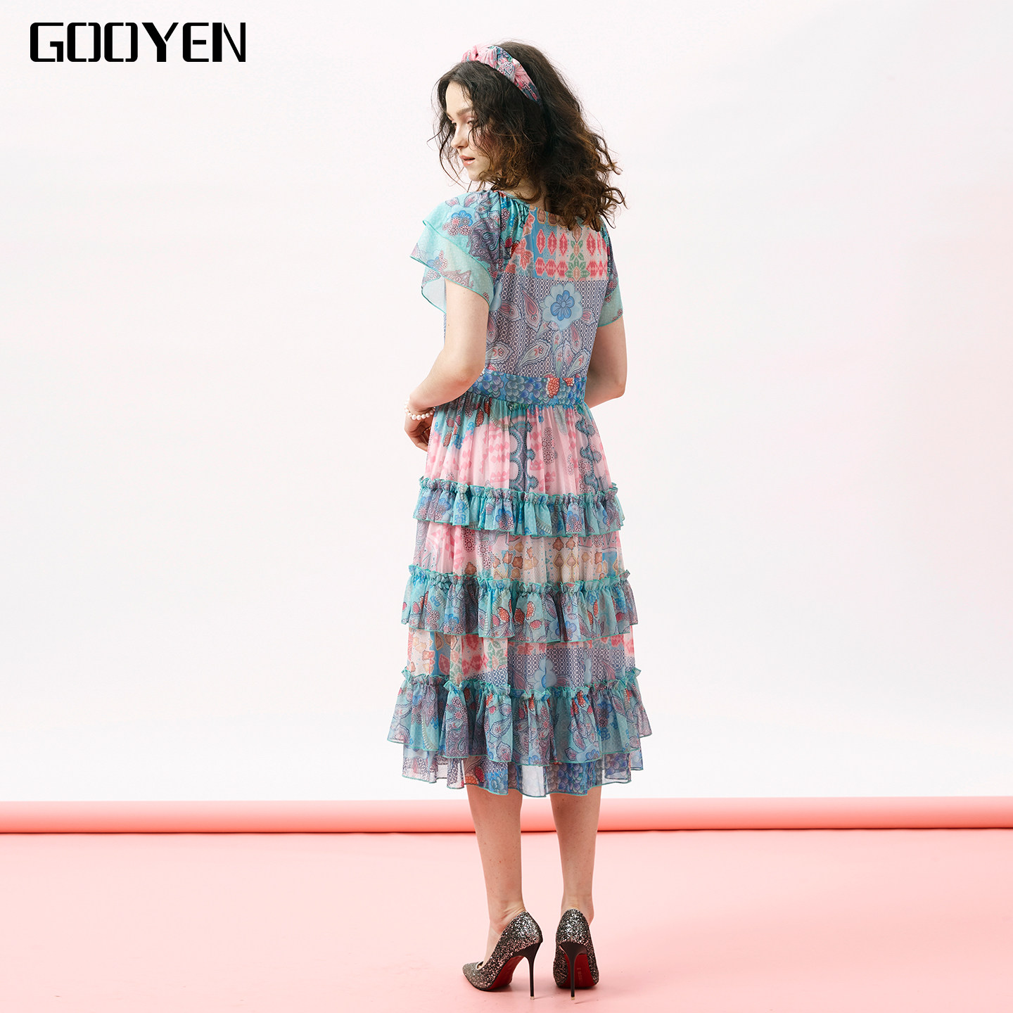 Gooyen|古源 专柜正品 夏款方领短袖甜美印花风尚多段连衣裙