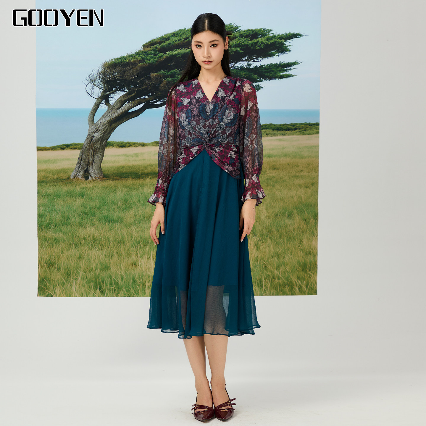 Gooyen|古源 专柜正品 巴洛克卷草印花长袖连衣裙 假两件印花裙
