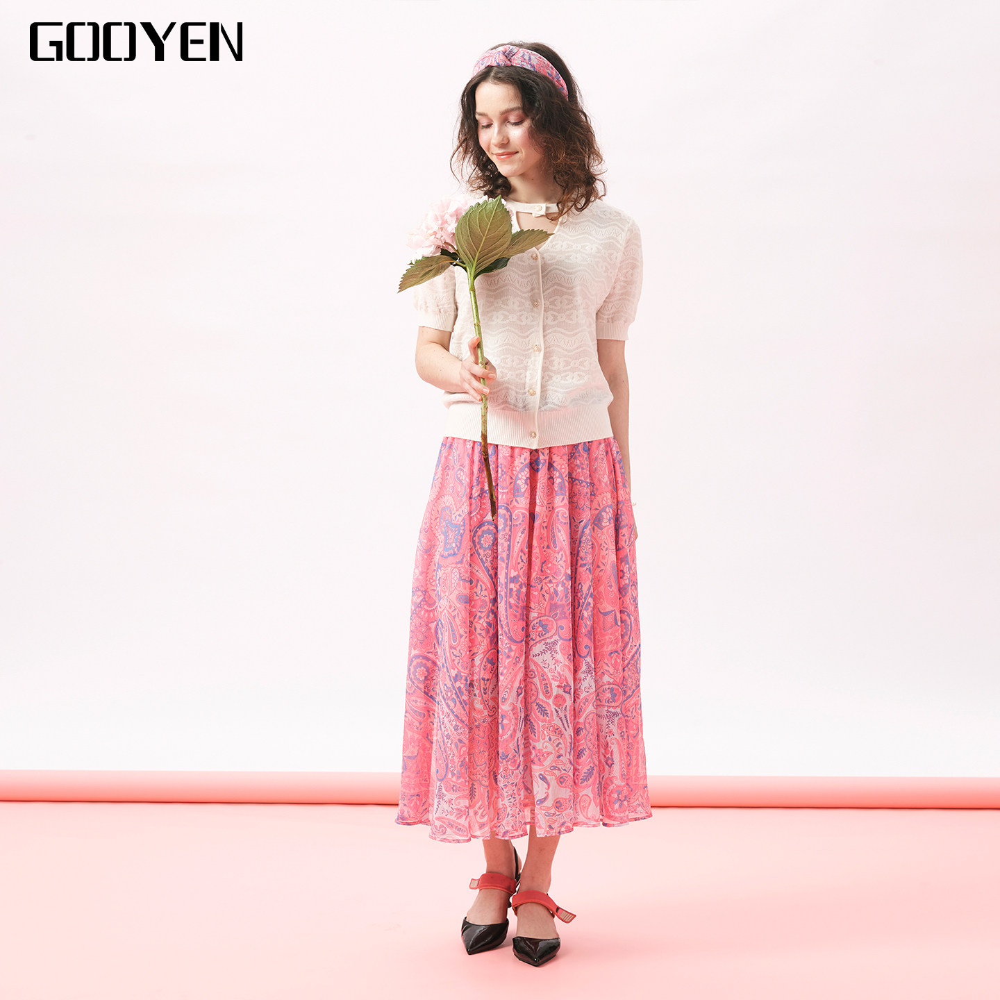 Gooyen|古源[馥郁芬芳] 专柜正品 夏新款松紧腰印花腰裙中长裙