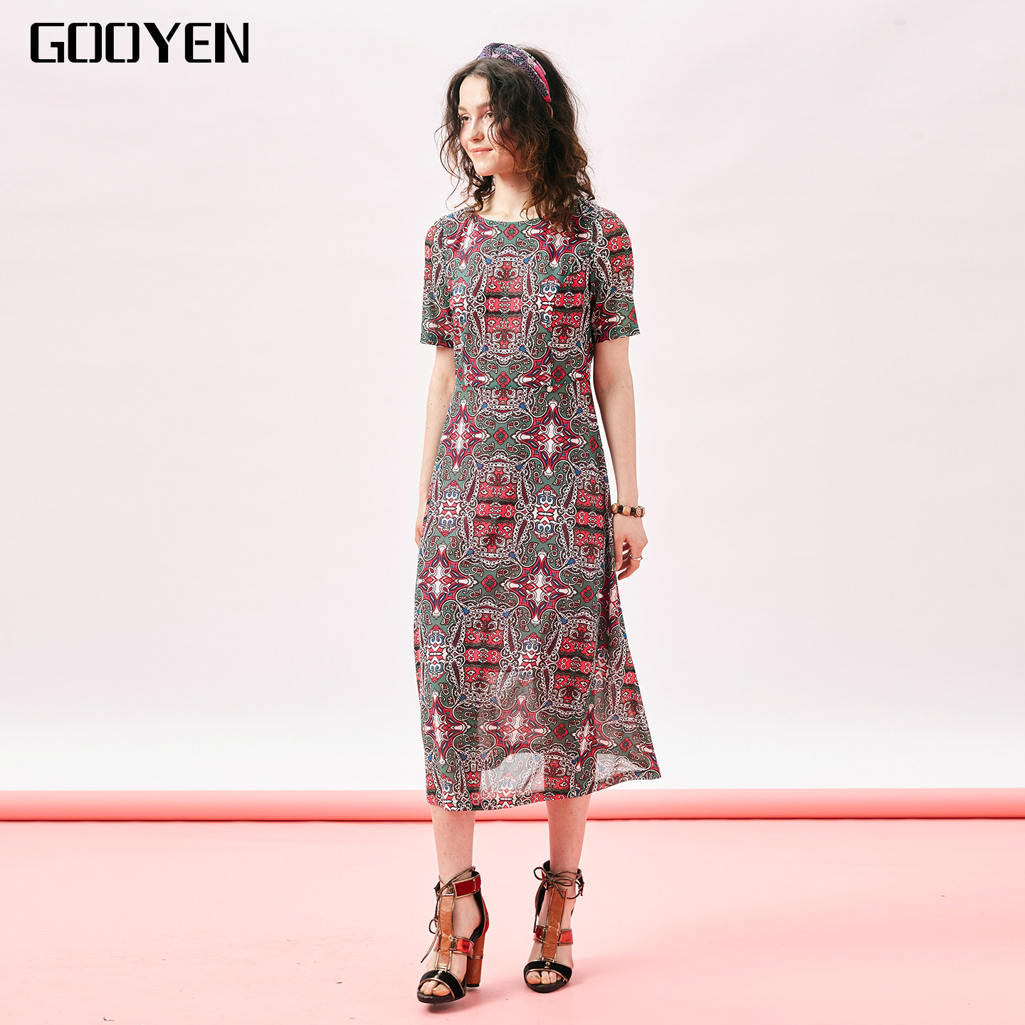 Gooyen|古源 专柜正品 【倾城之恋】夏款印花优雅圆领短袖连衣裙