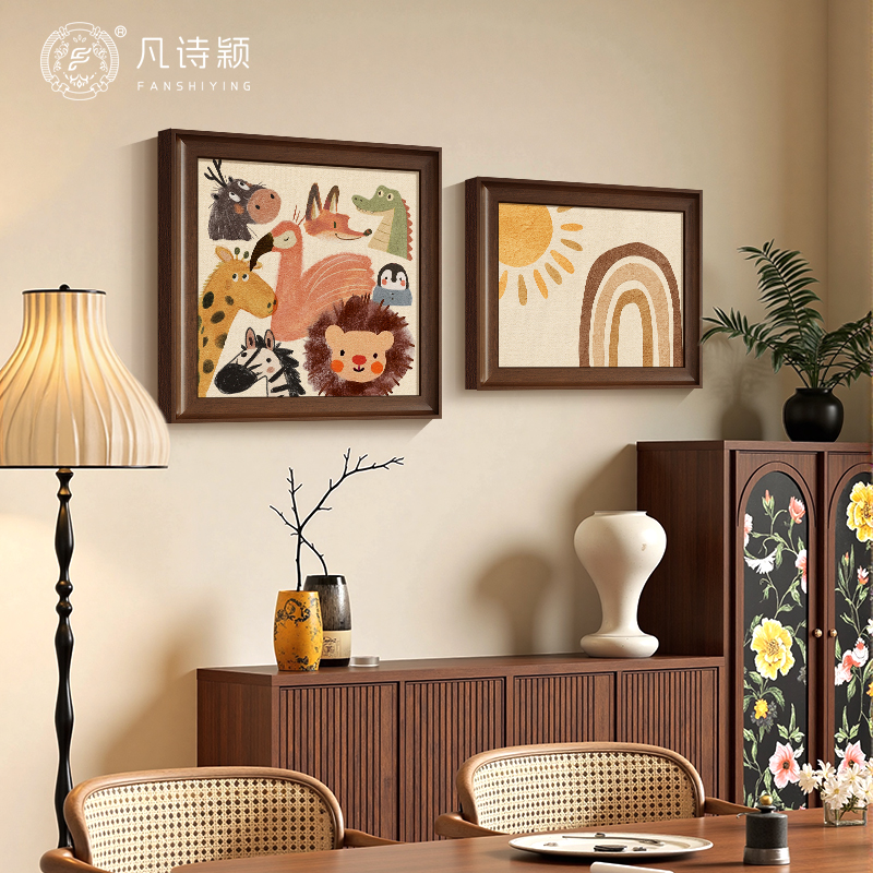 可爱小动物餐厅背景墙装饰画创意彩虹饭厅挂画中古风斗柜组合壁画图片