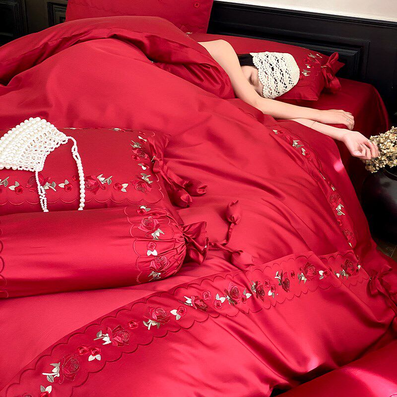 新春夏四季款婚庆四件套全棉100支长绒棉红色绣花结婚被套1.8床单