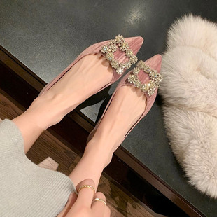 法式尖头单鞋女平底2025u春秋季新款丝绒浅口方扣闪水钻细高跟婚