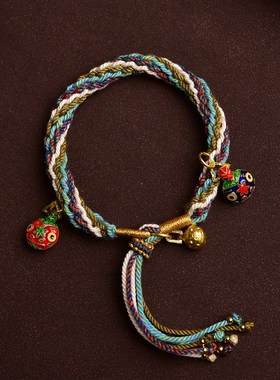 藏式手搓棉绳手绳可调节编绳手链吞金兽手工编织五彩绳国潮民族风
