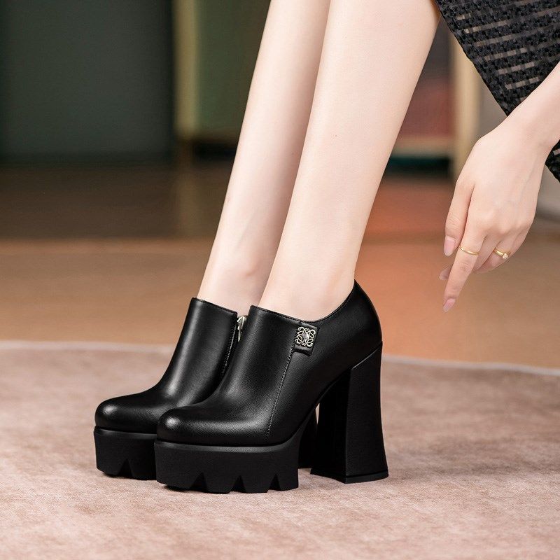 真皮单鞋女2024新款时尚防水台粗跟1H2厘米超高跟鞋女深口黑色皮,女鞋,深口单鞋,淘宝优惠券,粉丝福利购,淘宝优惠卷