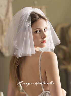 V802森系超仙领证n旅拍登记新娘求婚小头纱 白色花朵短款软纱头饰