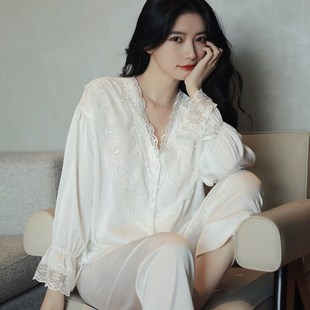 睡裙薄款 睡衣女秋夏甜美宫廷风公主蕾v丝花边春长袖 居家服两件套