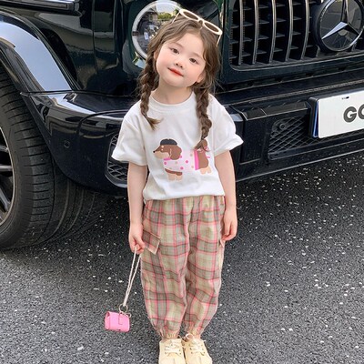 女童韩版春装套装2025春季新款洋气儿童长袖T恤宝宝格子裤两件套
