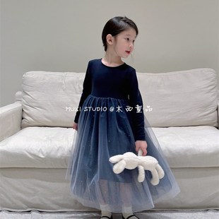 木西童品2024秋冬韩版女童加厚柔软长袖烫钻渐R变纱裙公主连衣裙