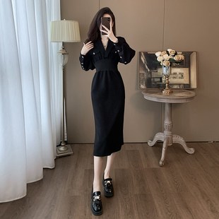 法式高级感黑色卫衣o连衣裙女早春新款收腰显瘦气质女神范通勤长