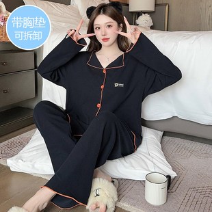 带胸垫睡衣女秋冬季 家居服套 长袖 德绒加厚保暖黑色M高级感加大码