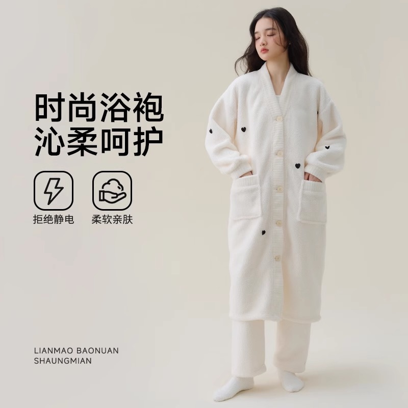 女款睡袍秋冬季厚款吸水速干v舒适全棉四季通用2024新款浴袍浴衣