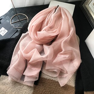 新款丝巾女春秋百搭真丝纱巾手工挂珠金线洋气细条纹围巾披肩秋冬