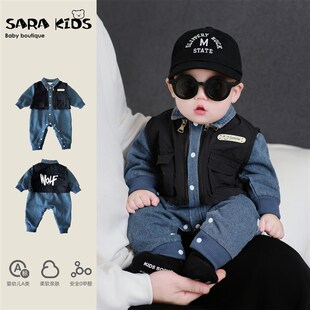 新生婴儿衣e服春秋新款洋气宝宝牛仔连体衣韩版冬装小月龄外出爬