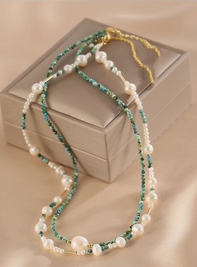 天然珍珠颈链锁骨链女轻奢小众设计感双层叠戴绿松石项链简约时尚