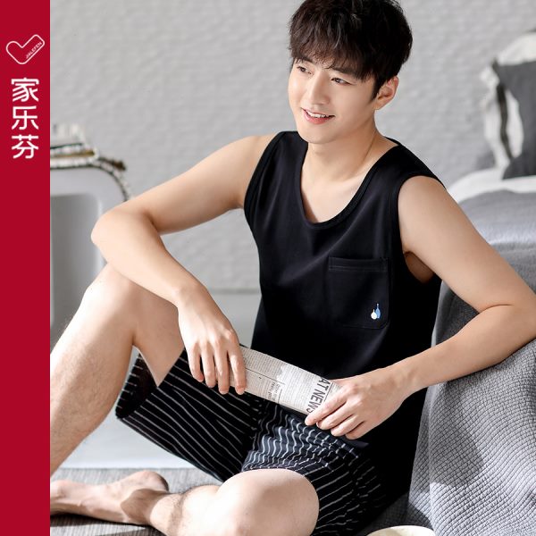 家乐芬睡衣男士夏季纯棉背心无袖短裤家居服男款夏款薄款大码套装