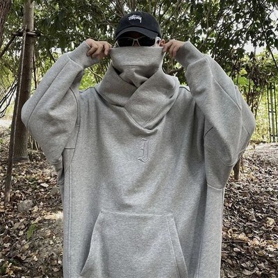 i人社恐男秋冬季美式机能风重磅连帽外套加绒加厚宽松高领卫衣G-2