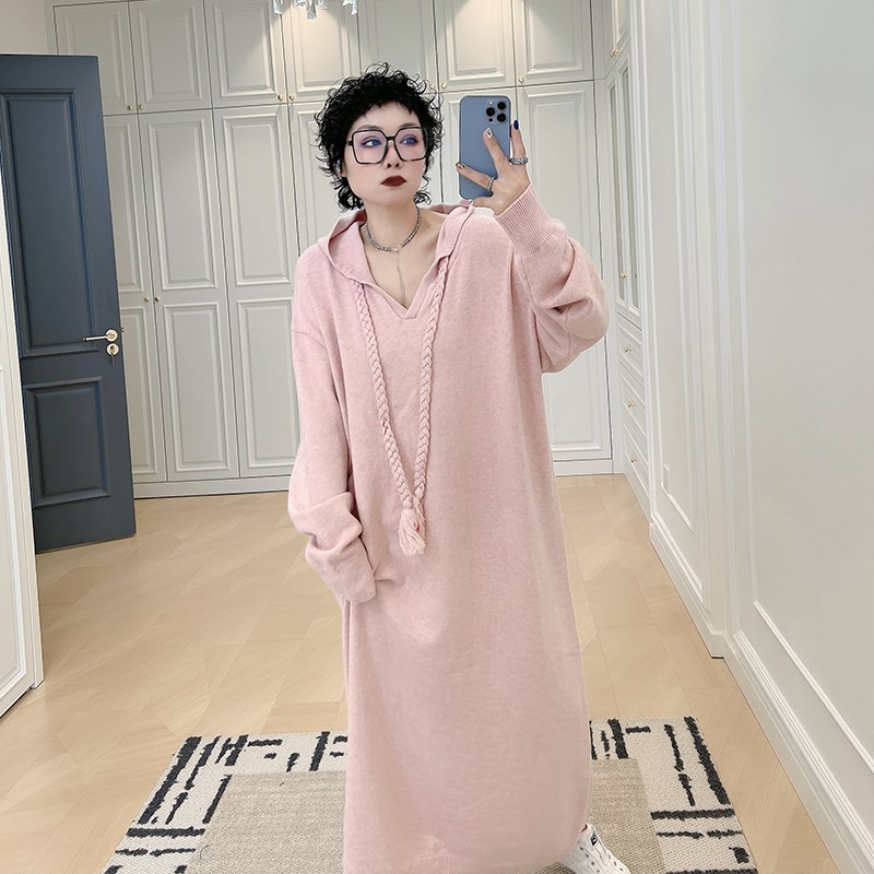 秋冬大码女装慵懒连l帽卫衣毛衣裙200斤胖mm配大衣内搭针织连衣裙