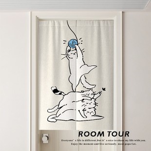 创意猫棉麻半截门帘卧室房间家y用免打孔隔断帘客厅厨房帘子卫生