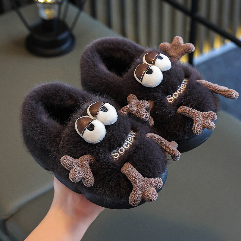 男童秋冬季家居加厚保暖防滑毛绒可爱卡通室内外棉拖鞋