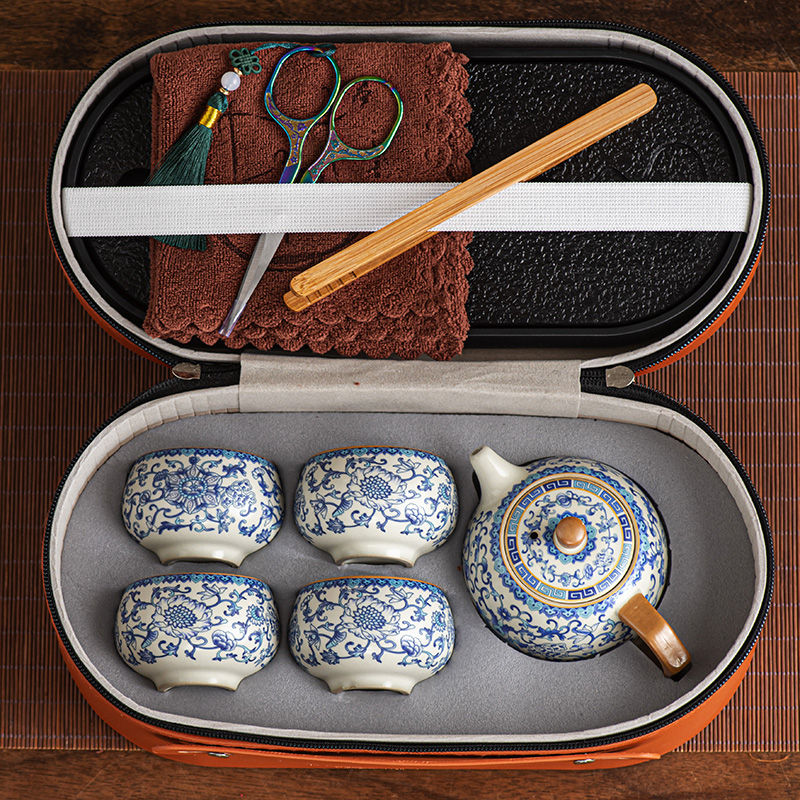 青花汝窑旅行茶具套组可携式家用户外一壶四杯井栏壶茶杯泡茶外出