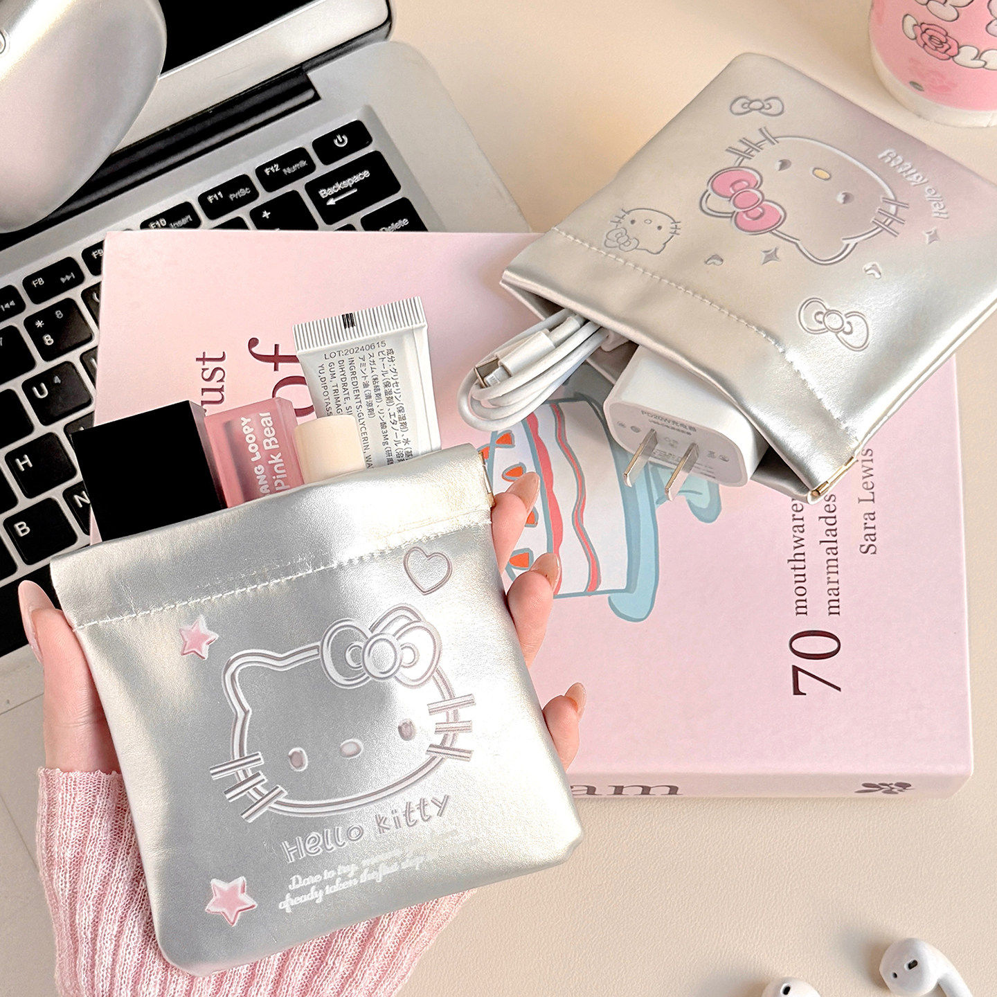 自动闭合弹片 数据线收纳包/盒/袋 u盘蓝牙耳机充电器 口红化妆包