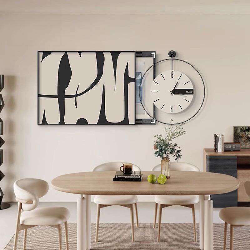 现代简约黑白抽象餐厅电表箱装饰画带钟表2025新款轻奢高级感挂画