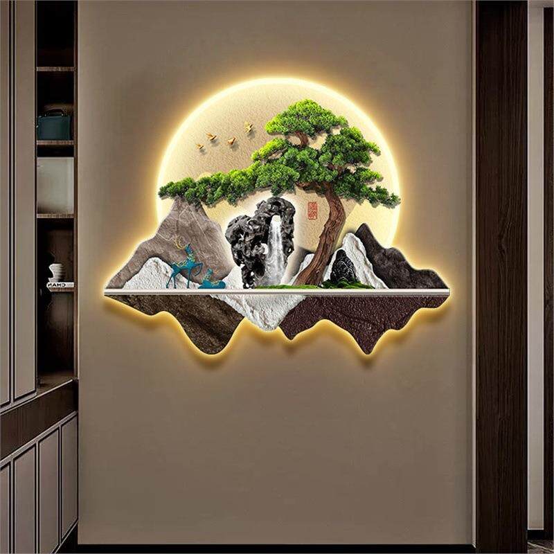 迎客松入户玄关装饰画新中式正对门山水挂画挂件走廊过道壁画灯画