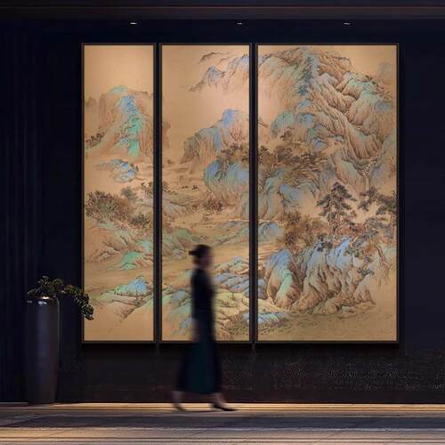 新中式玄关装饰画《青绿江山》风景高端走廊过道大幅多联立体挂画