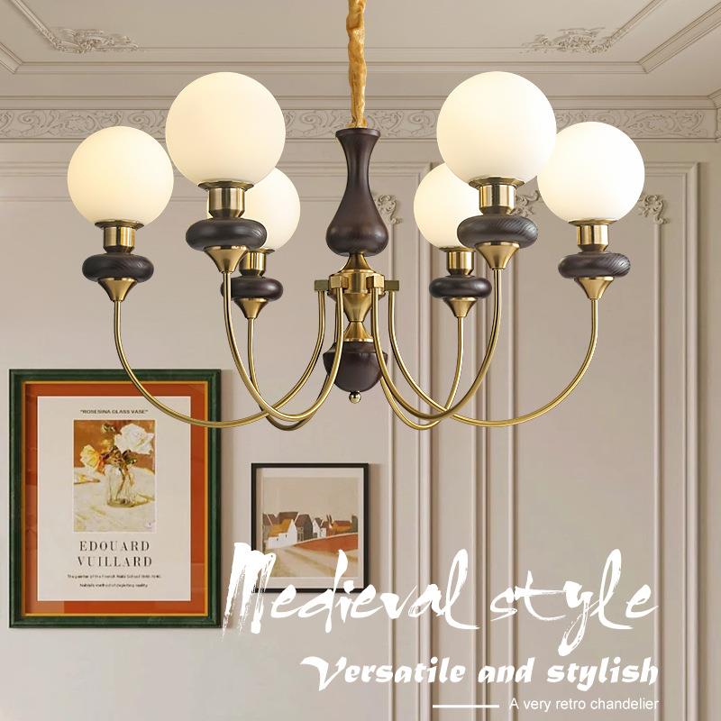 法式中古客厅灯吊灯餐厅灯具魔豆美式复古风卧室灯胡桃木色吸顶灯