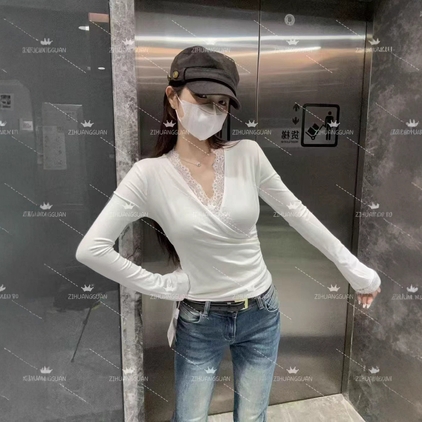 纯欲交叉v领T恤女2025新款蕾丝打底衫长袖早秋轻熟修身巨好看上衣,女装/女士精品,皮裤,淘宝优惠券,粉丝福利购,淘宝优惠卷