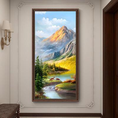 《福禄聚财》美式玄关竖版装饰画入户门山水大气风景楼梯过道壁画