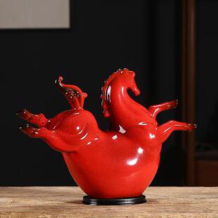 窑变战马招财进宝红色唐马摆件陶瓷家居客厅办公桌面酒柜装饰摆设