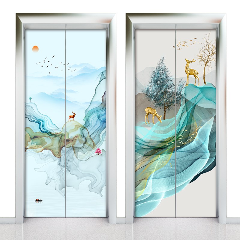 极速轻奢北欧风酒店公寓电梯x门贴画麋鹿自粘可移除定制防水装饰图片
