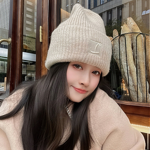 毛线帽子女网红新款秋冬天羊毛针织帽毛绒帽男高级感大头围显脸小