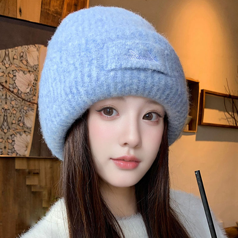 大头围蓝色针织毛线帽女秋冬季加厚保暖包头帽防寒显脸小护耳帽子