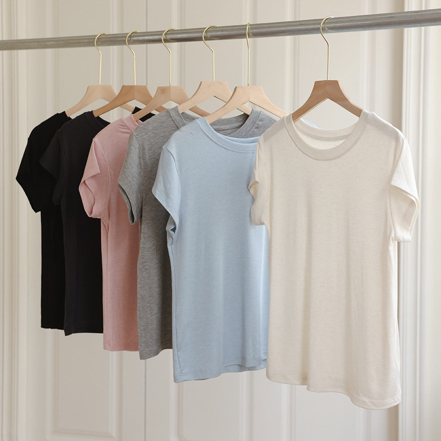 K2025新款天丝羊毛短袖女夏季圆领修身连袖T恤设计感纯色舒适上衣