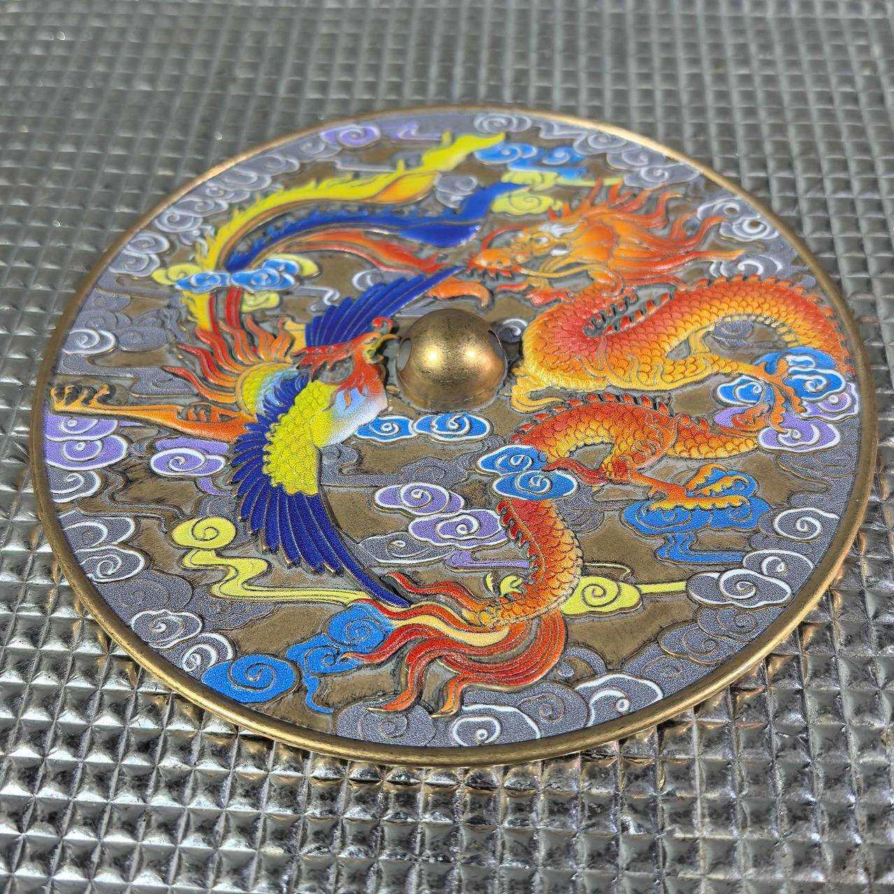 古玩仿古铜彩绘龙凤铜镜居家工艺品摆件