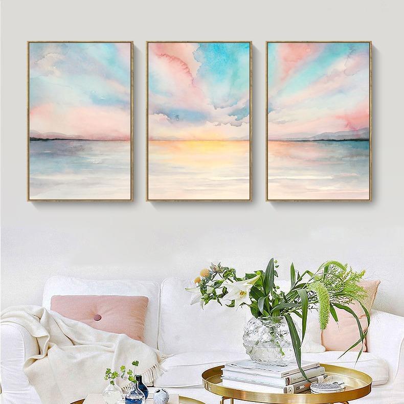 现代简约北欧装饰画三联水彩风景大海玄关客厅酒店公寓挂画无框画