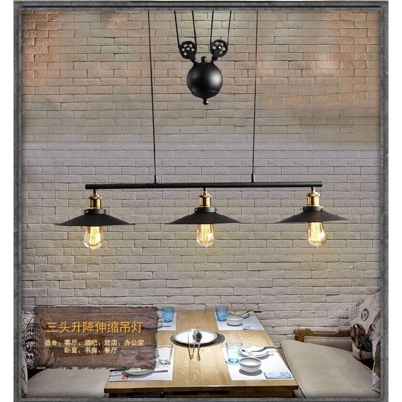 美式工业风loft铁艺三头餐厅复古台球室酒吧台餐桌滑轮升降吊灯