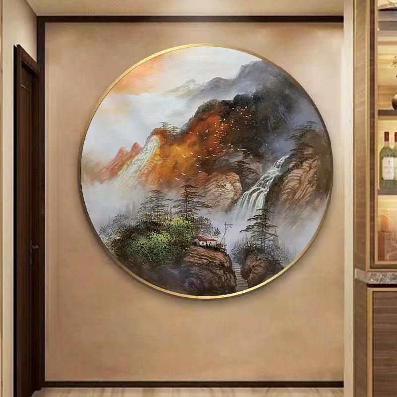 手绘油画新中式山水画客厅装饰画 简约餐厅圆形壁画 玄关柜台挂画