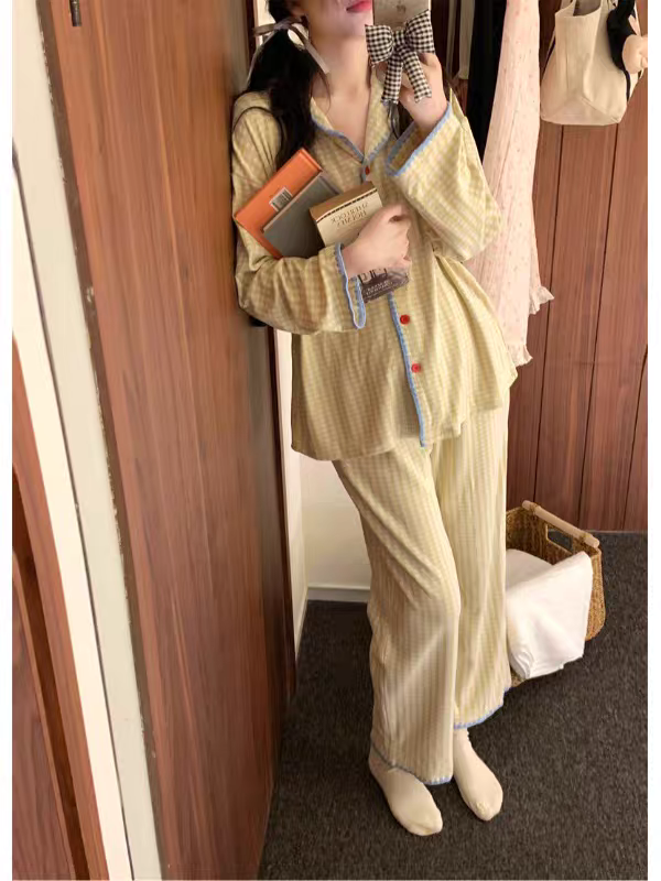 韩系简约格子睡衣套装女秋季2025新款长袖开衫上衣休闲裤子家居服