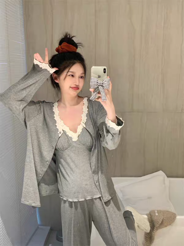舒适亲肤可外穿睡衣套装女秋季2025新款家居服长袖开衫吊带休闲裤