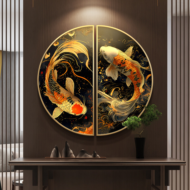 复古中国风玄关装饰画年年有余半圆形餐厅挂画锦鲤鱼茶室双联壁画图片