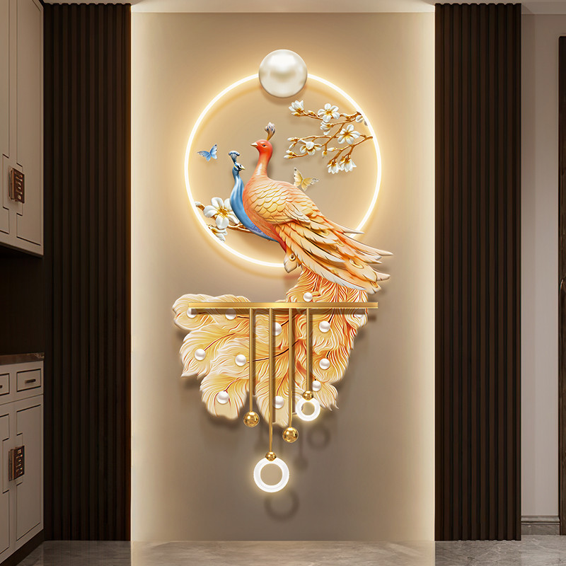 现代轻奢孔雀玄关装饰画寓意好走廊尽头带灯挂画茶室立体发光壁画图片